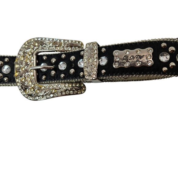 Vintage BHW Women's Black Leather Western Belt Silver Bling Accents Sz Medium - Picture 1 of 13